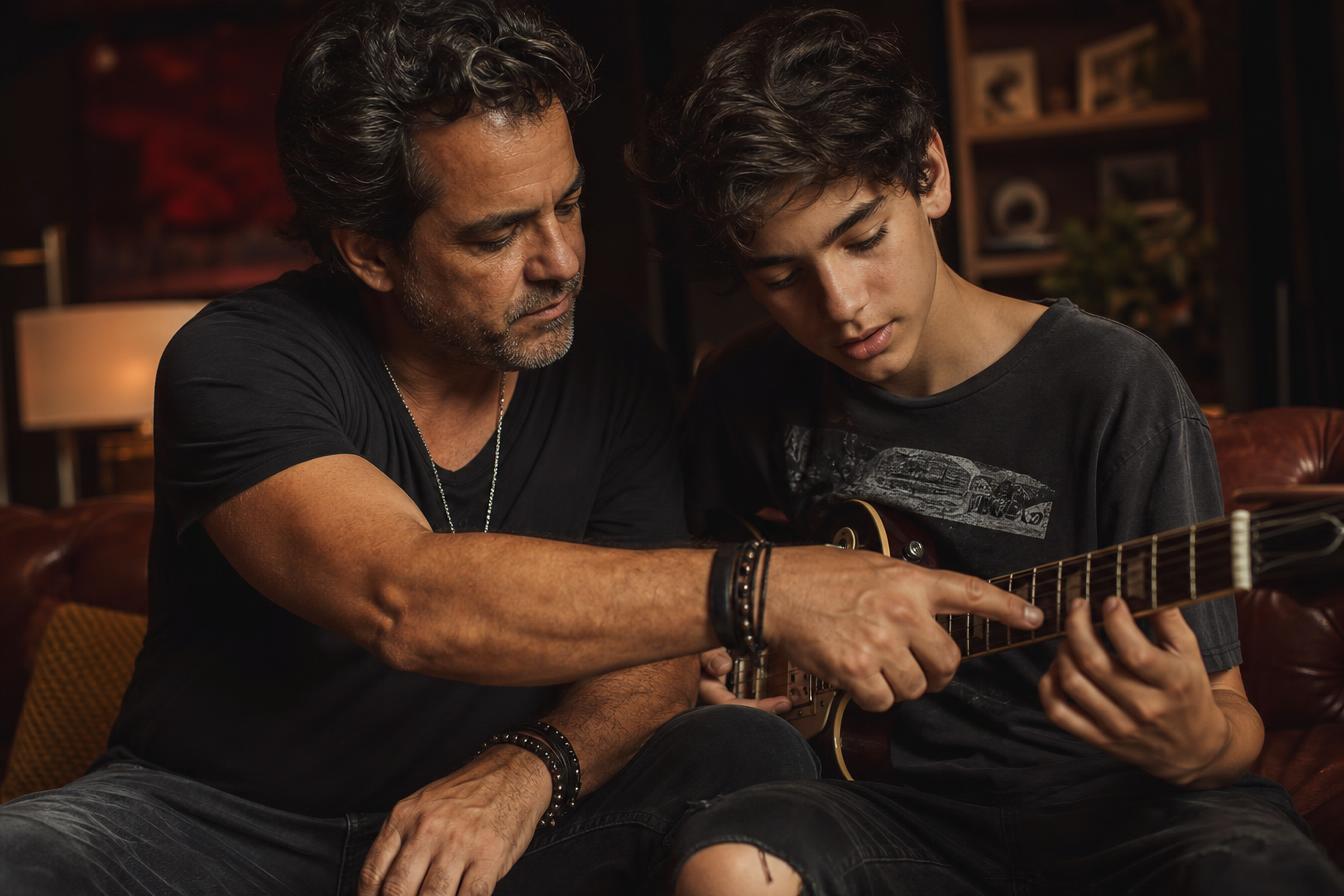Pai ensinando filho a tocar guitarra em casa