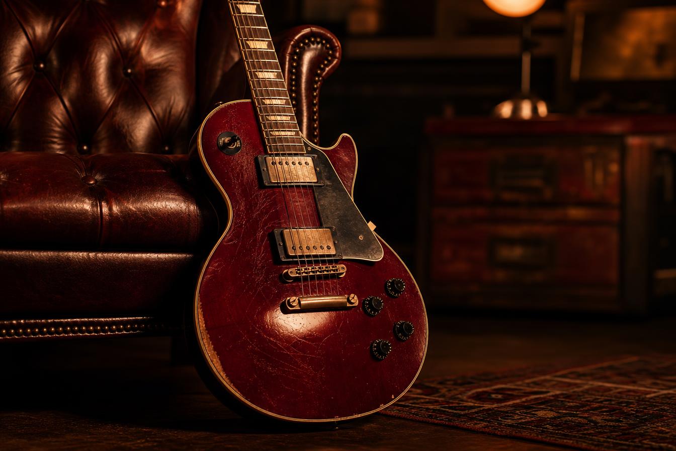 Guitarra elétrica vintage em ambiente com iluminação oxblood e amber